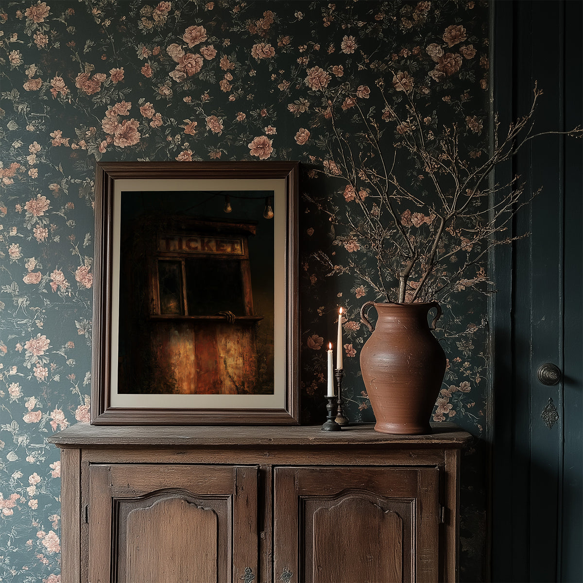 Last Tickets Before the Curtain, an old theater booth lit by hanging bulbs with a glowing sign above the window, painted in umber, dim amber and deep shadow, in a dark frame on a wooden dresser against floral wallpaper