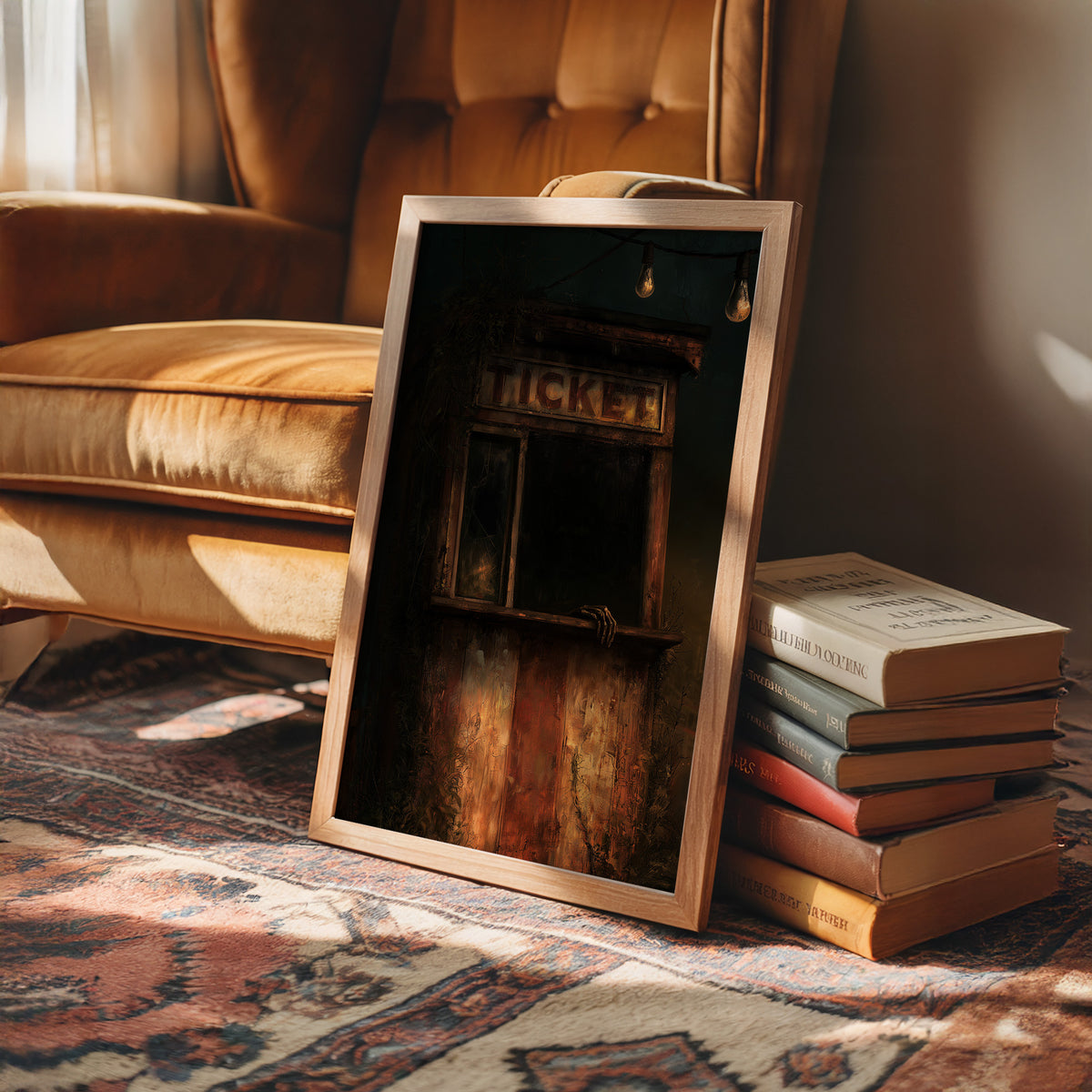 Last Tickets Before the Curtain, an old theater booth lit by hanging bulbs with a glowing sign above the window, painted in umber, dim amber and deep shadow, in a wood frame beside a leather armchair and a stack of books