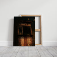 Last Tickets Before the Curtain, an old theater booth lit by hanging bulbs with a glowing sign above the window, painted in umber, dim amber and deep shadow, on a gallery canvas with wrapped edges leaning against a white wall