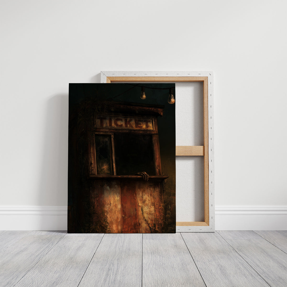 Last Tickets Before the Curtain, an old theater booth lit by hanging bulbs with a glowing sign above the window, painted in umber, dim amber and deep shadow, on a gallery canvas with wrapped edges leaning against a white wall