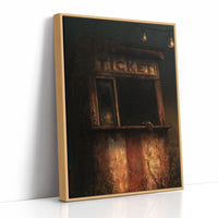 Last Tickets Before the Curtain, an old theater booth lit by hanging bulbs with a glowing sign above the window, painted in umber, dim amber and deep shadow, as a framed canvas in a natural wood frame