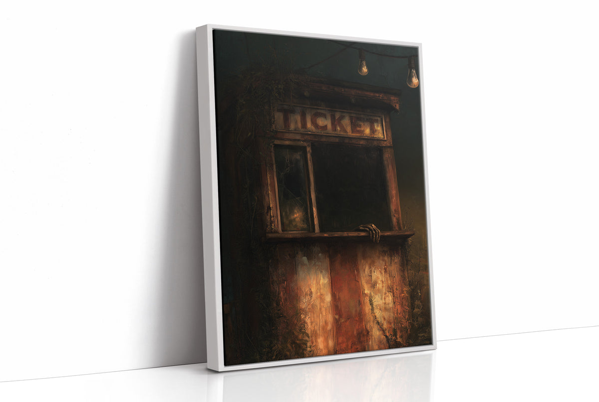 Last Tickets Before the Curtain, an old theater booth lit by hanging bulbs with a glowing sign above the window, painted in umber, dim amber and deep shadow, as a framed canvas in a white frame