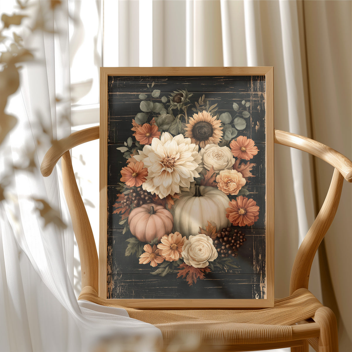 Late Blooms Remember the Harvest, a dark floral bouquet of dahlias, cream roses and small pumpkins with eucalyptus, painted in cream, rust and burnt orange on a black ground, in a wood frame beside a wicker chair by a sunny window