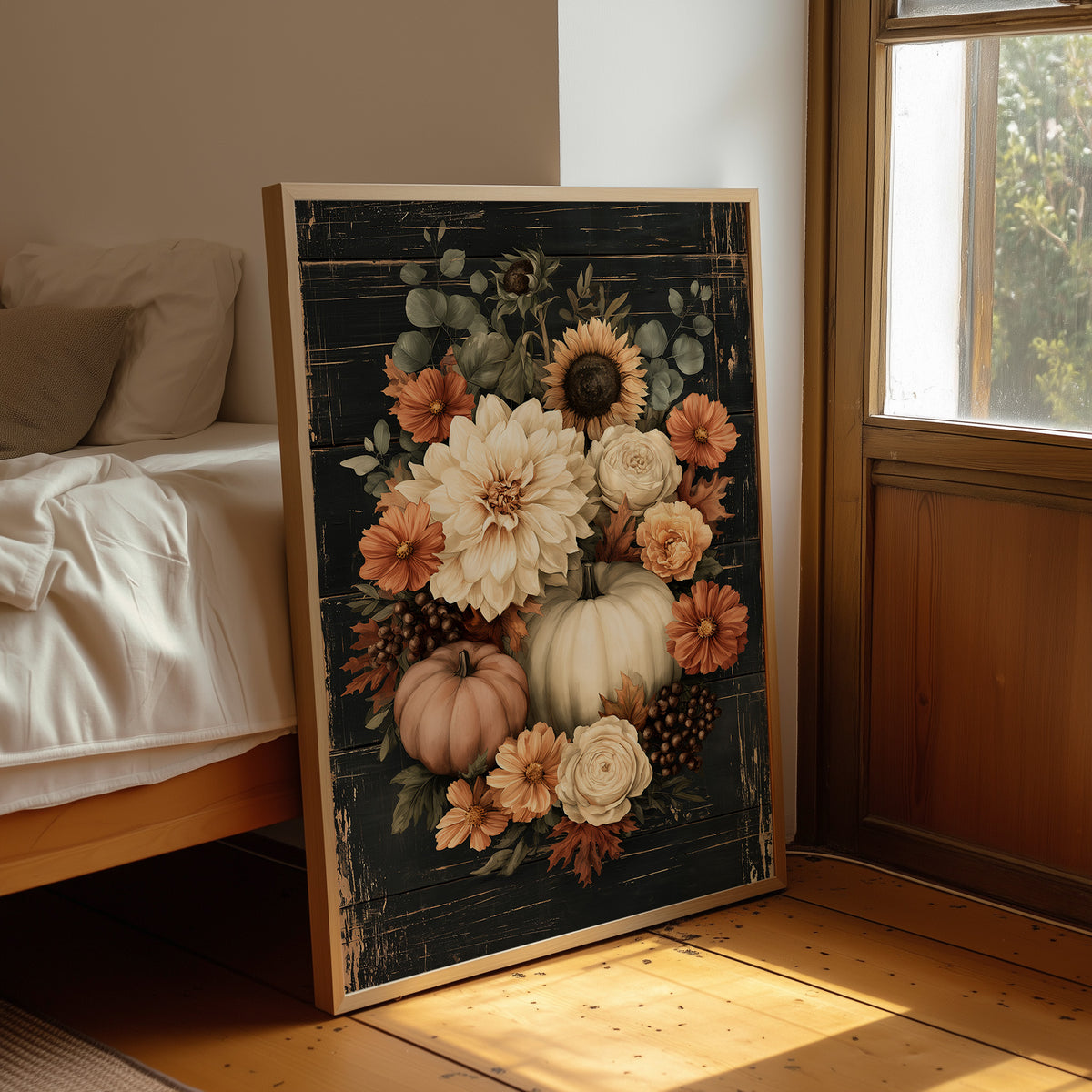 Late Blooms Remember the Harvest, a dark floral bouquet of dahlias, cream roses and small pumpkins with eucalyptus, painted in cream, rust and burnt orange on a black ground, leaning on a wood floor in a bedroom beside white linen bedding