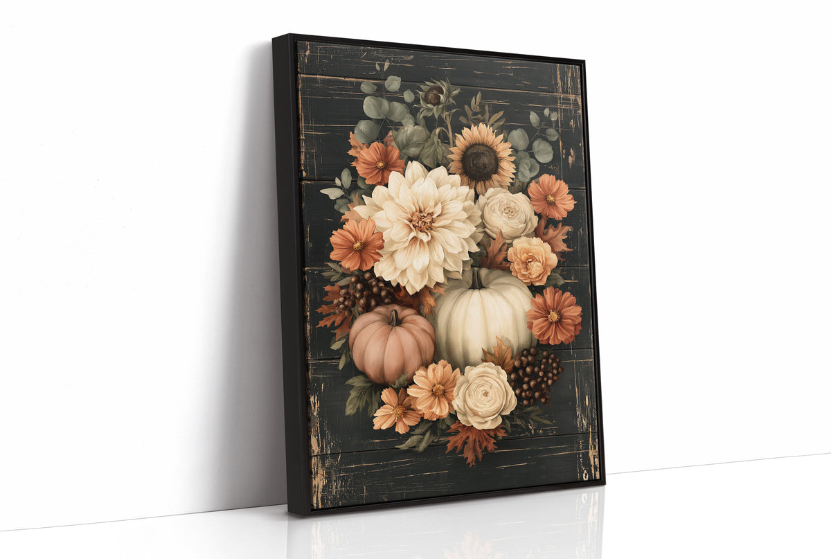 Late Blooms Remember the Harvest, a dark floral bouquet of dahlias, cream roses and small pumpkins with eucalyptus, painted in cream, rust and burnt orange on a black ground, as a framed canvas in a black frame