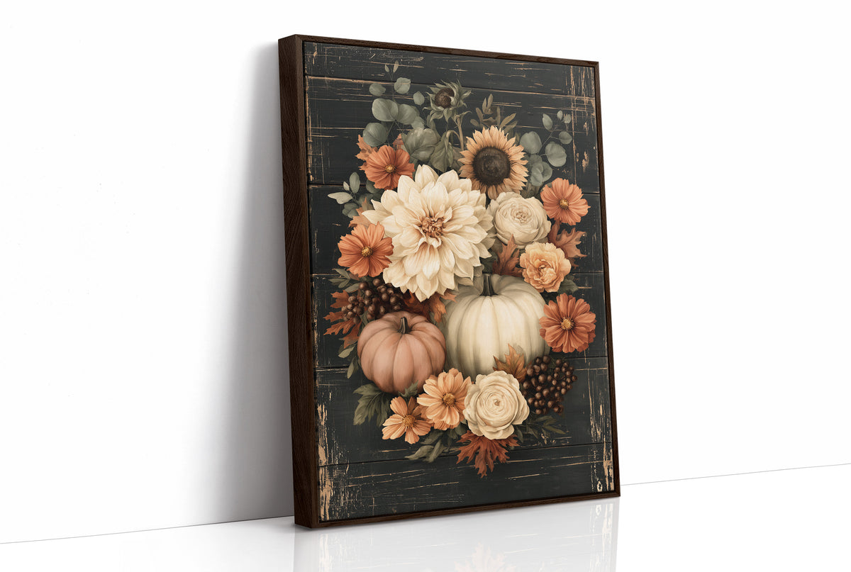 Late Blooms Remember the Harvest, a dark floral bouquet of dahlias, cream roses and small pumpkins with eucalyptus, painted in cream, rust and burnt orange on a black ground, as a framed canvas in a brown frame