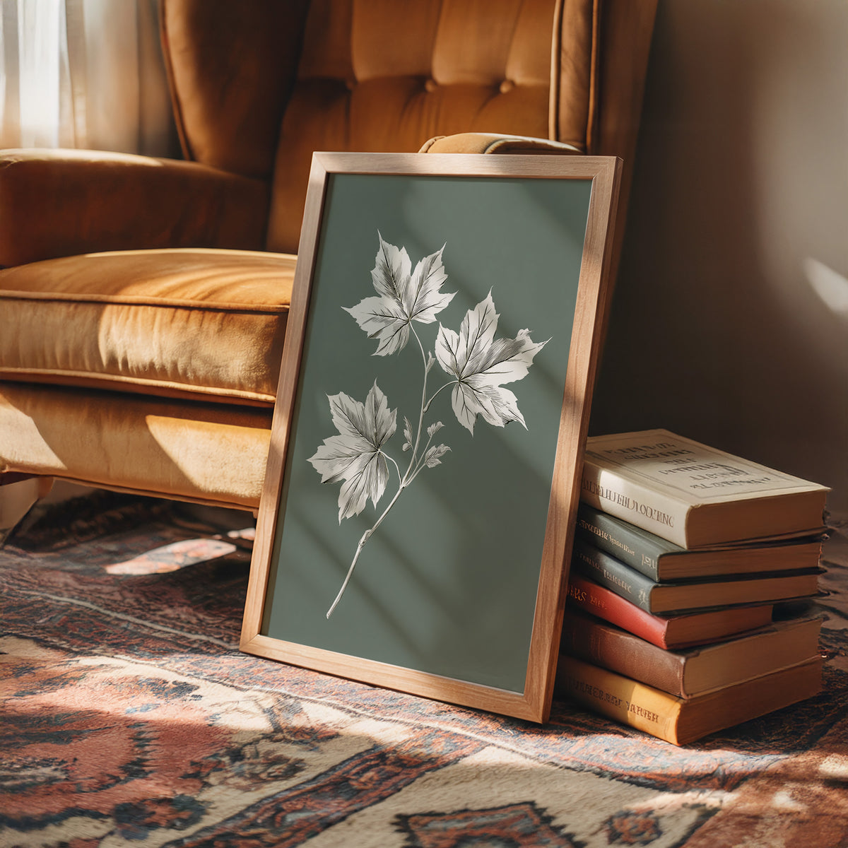 Leaves Kept Pale Against Sage, a sprig of pale maple leaves drawn in bone and white lines on a muted sage green ground, a pressed botanical study with soft, careful shading, in a wood frame on a rug beside a leather armchair and a stack of books