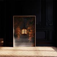 Left On for Someone, a glowing iron lantern hanging in a dark thicket of rust and amber leaves, painted in deep brown, ember orange and warm gold, in a dark frame on a black paneled wall above a sunlit herringbone floor