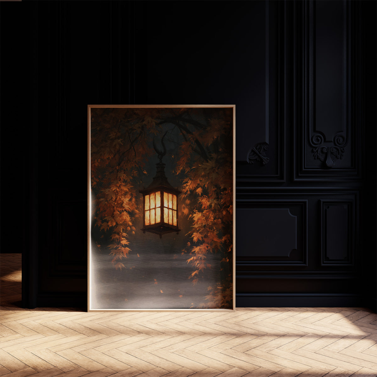 Left On for Someone, a glowing iron lantern hanging in a dark thicket of rust and amber leaves, painted in deep brown, ember orange and warm gold, in a dark frame on a black paneled wall above a sunlit herringbone floor