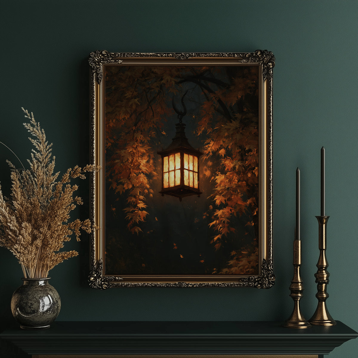 Left On for Someone, a glowing iron lantern hanging in a dark thicket of rust and amber leaves, painted in deep brown, ember orange and warm gold, in an ornate gold frame on a deep green wall beside tall brass candlesticks