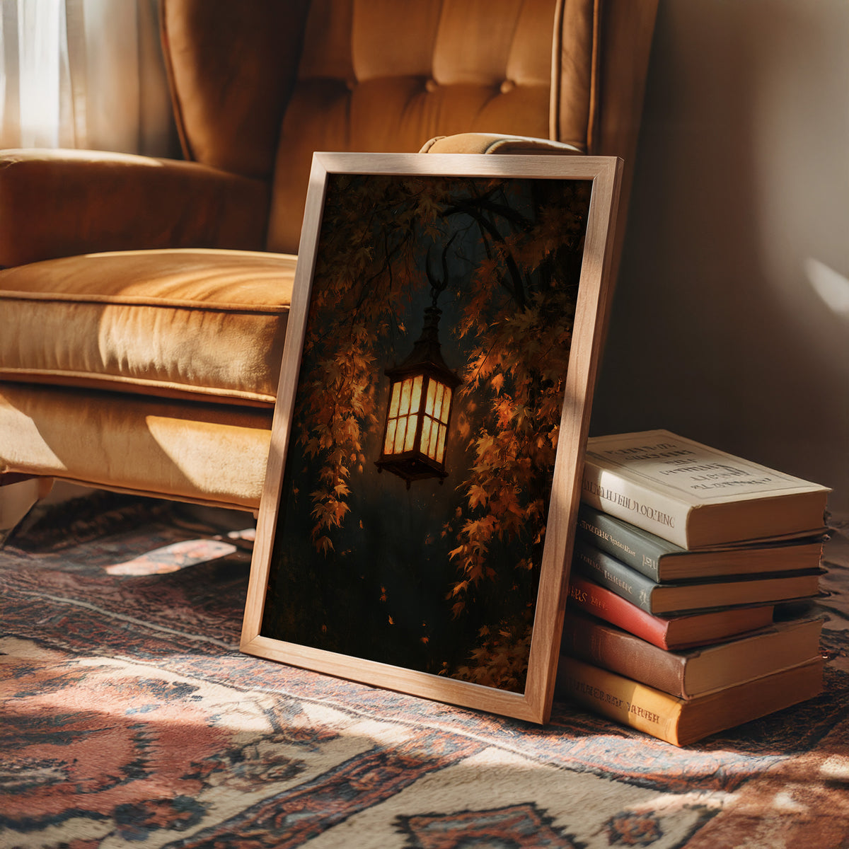Left On for Someone, a glowing iron lantern hanging in a dark thicket of rust and amber leaves, painted in deep brown, ember orange and warm gold, in a wood frame on a leather armchair beside a stack of books