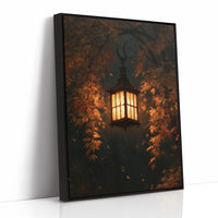 Left On for Someone, a glowing iron lantern hanging in a dark thicket of rust and amber leaves, painted in deep brown, ember orange and warm gold, as a framed canvas in a black frame
