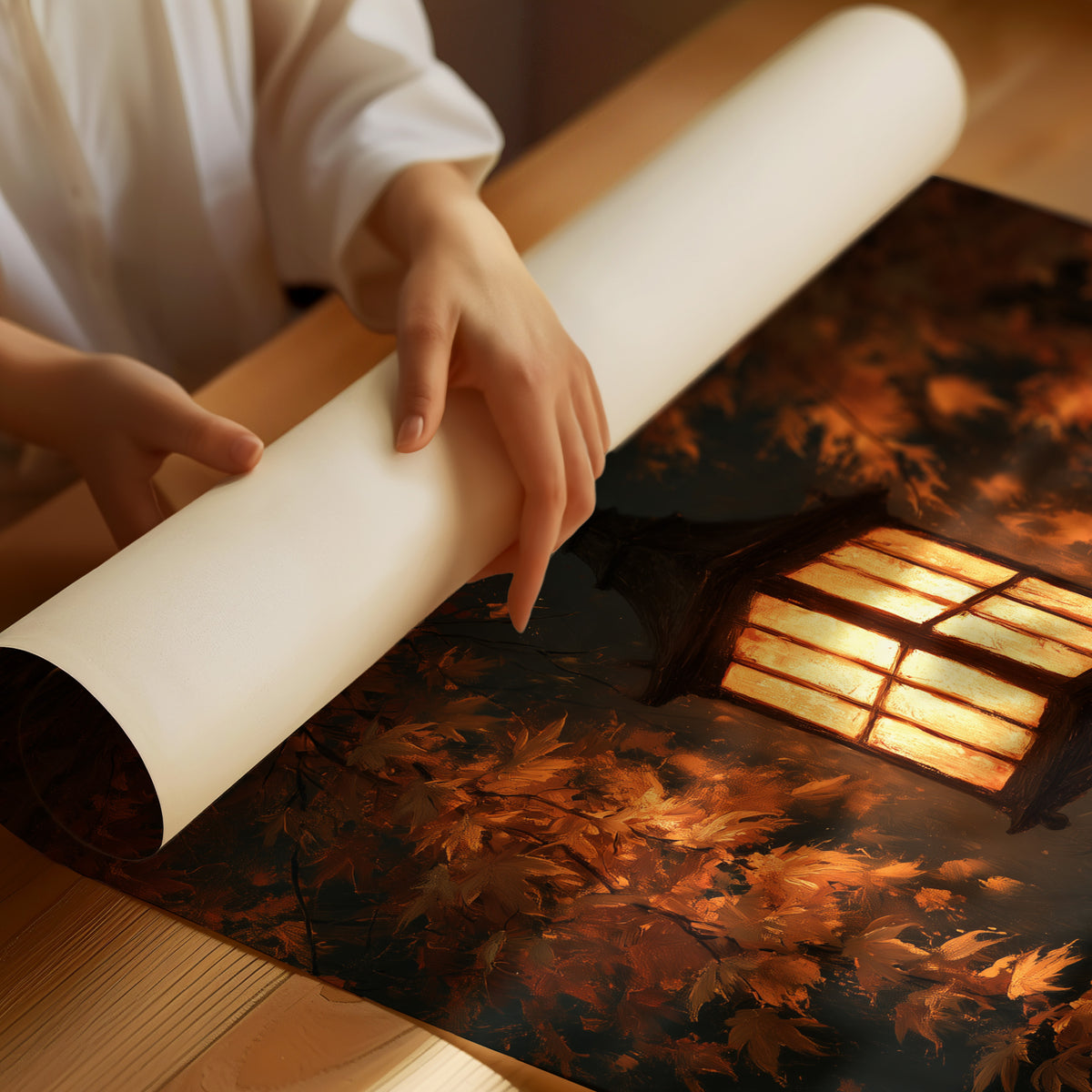 Left On for Someone, a glowing iron lantern hanging in a dark thicket of rust and amber leaves, painted in deep brown, ember orange and warm gold, as a matte poster, unframed