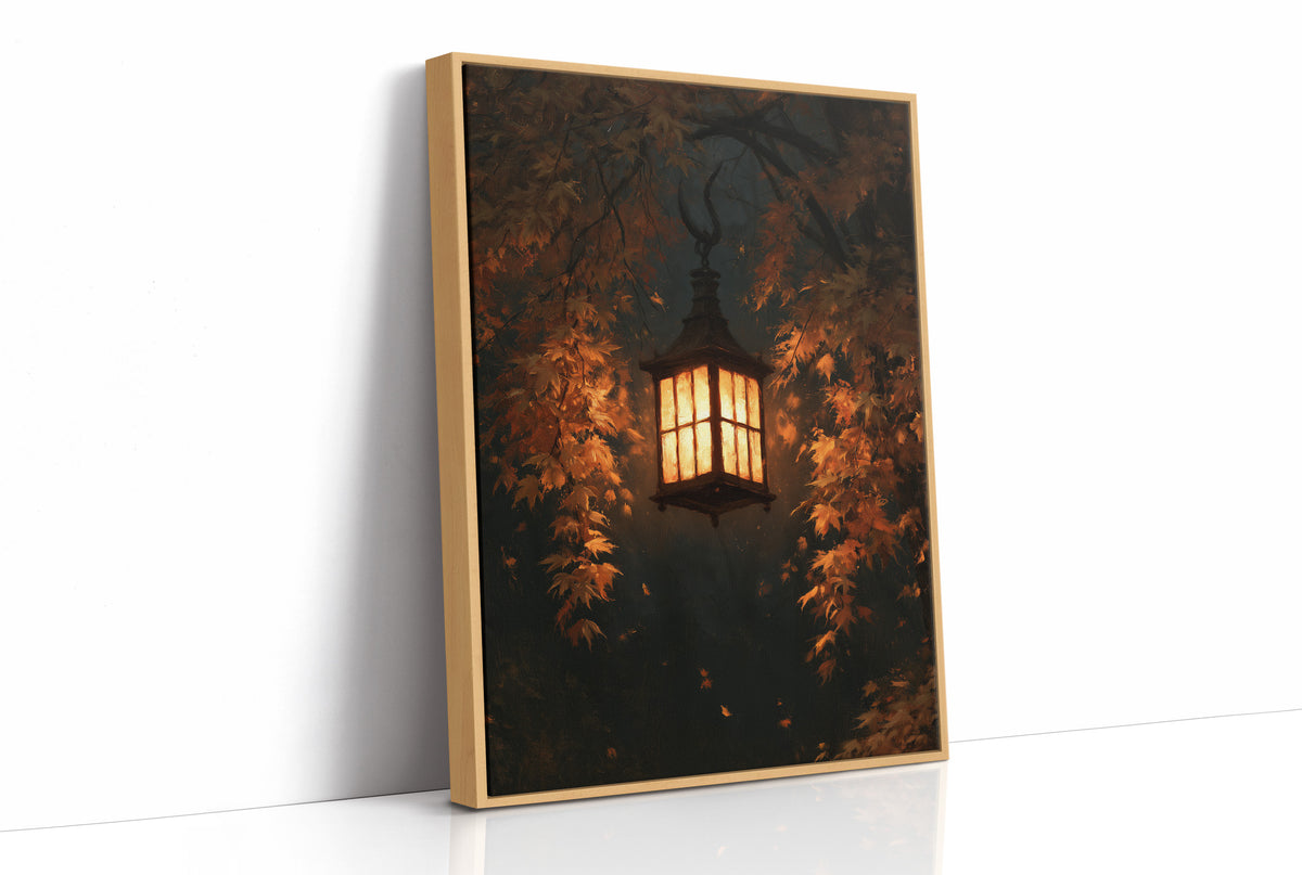 Left On for Someone, a glowing iron lantern hanging in a dark thicket of rust and amber leaves, painted in deep brown, ember orange and warm gold, as a framed canvas in a natural wood frame