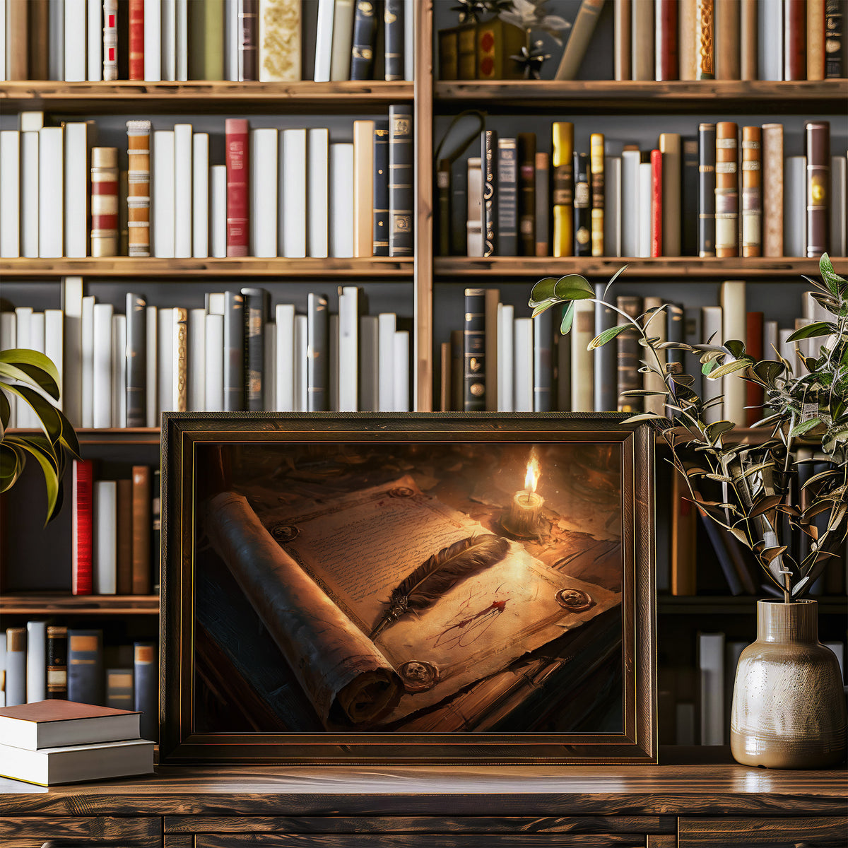 Letters Kept by Candlelight, an old parchment scroll and a feather quill beside a lit candle on a wooden desk, painted in amber, sepia and deep umber, in a wood frame on a bookshelf wall beside a vase of olive branches