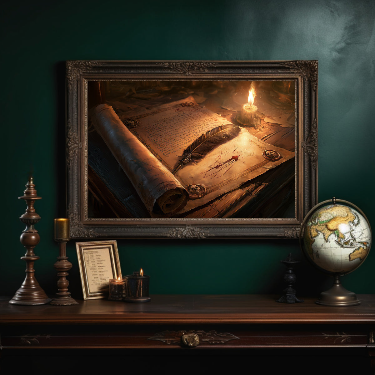 Letters Kept by Candlelight, an old parchment scroll and a feather quill beside a lit candle on a wooden desk, painted in amber, sepia and deep umber, in an ornate dark frame on a deep green wall above a mantel with a globe and candles