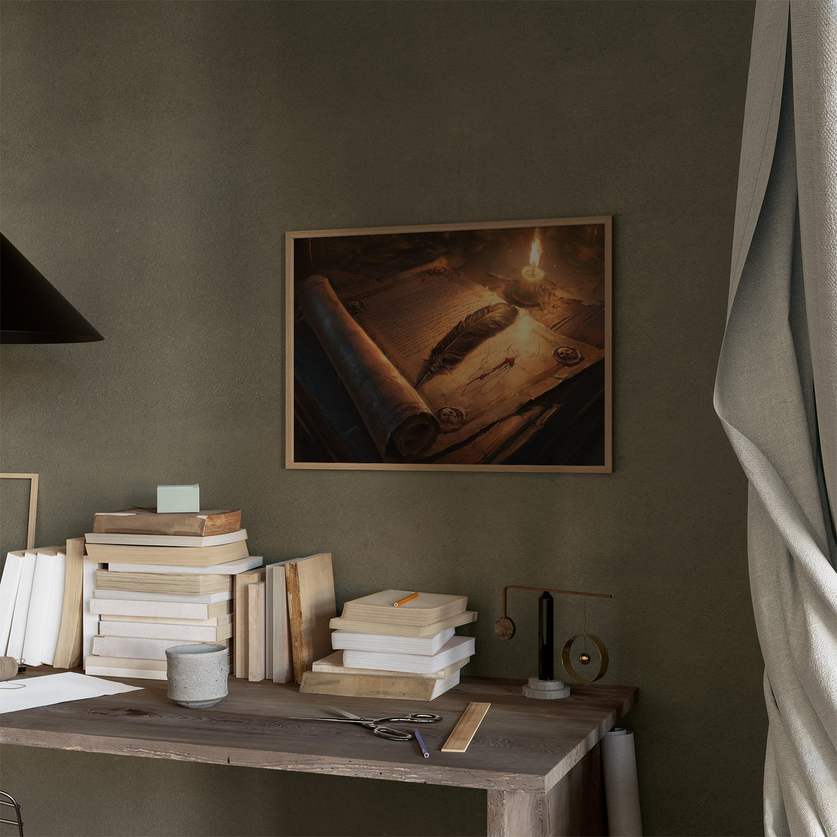 Letters Kept by Candlelight, an old parchment scroll and a feather quill beside a lit candle on a wooden desk, painted in amber, sepia and deep umber, in a thin wood frame on a moss green wall above a desk stacked with books