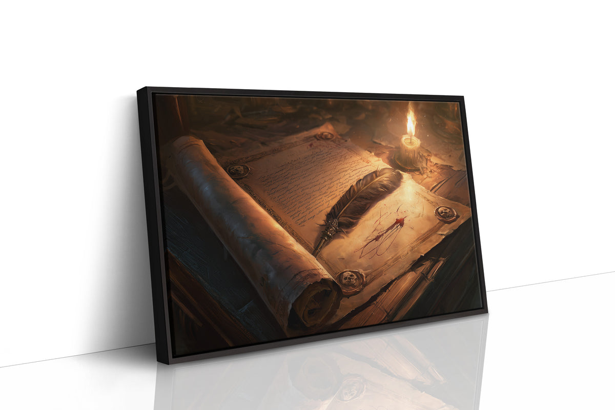 Letters Kept by Candlelight, an old parchment scroll and a feather quill beside a lit candle on a wooden desk, painted in amber, sepia and deep umber, as a framed canvas in a black frame