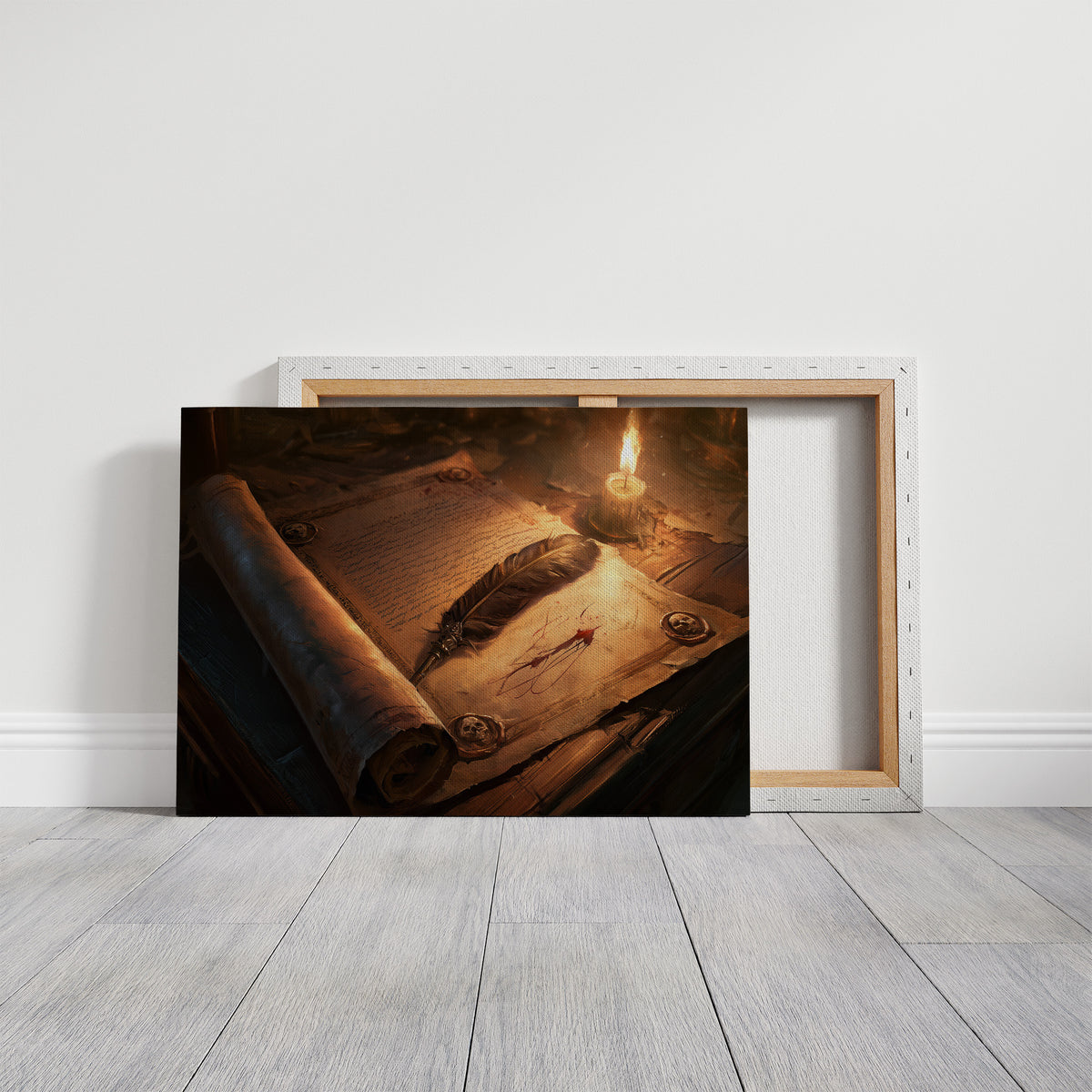 Letters Kept by Candlelight, an old parchment scroll and a feather quill beside a lit candle on a wooden desk, painted in amber, sepia and deep umber, on a gallery canvas with wrapped edges leaning against a white wall