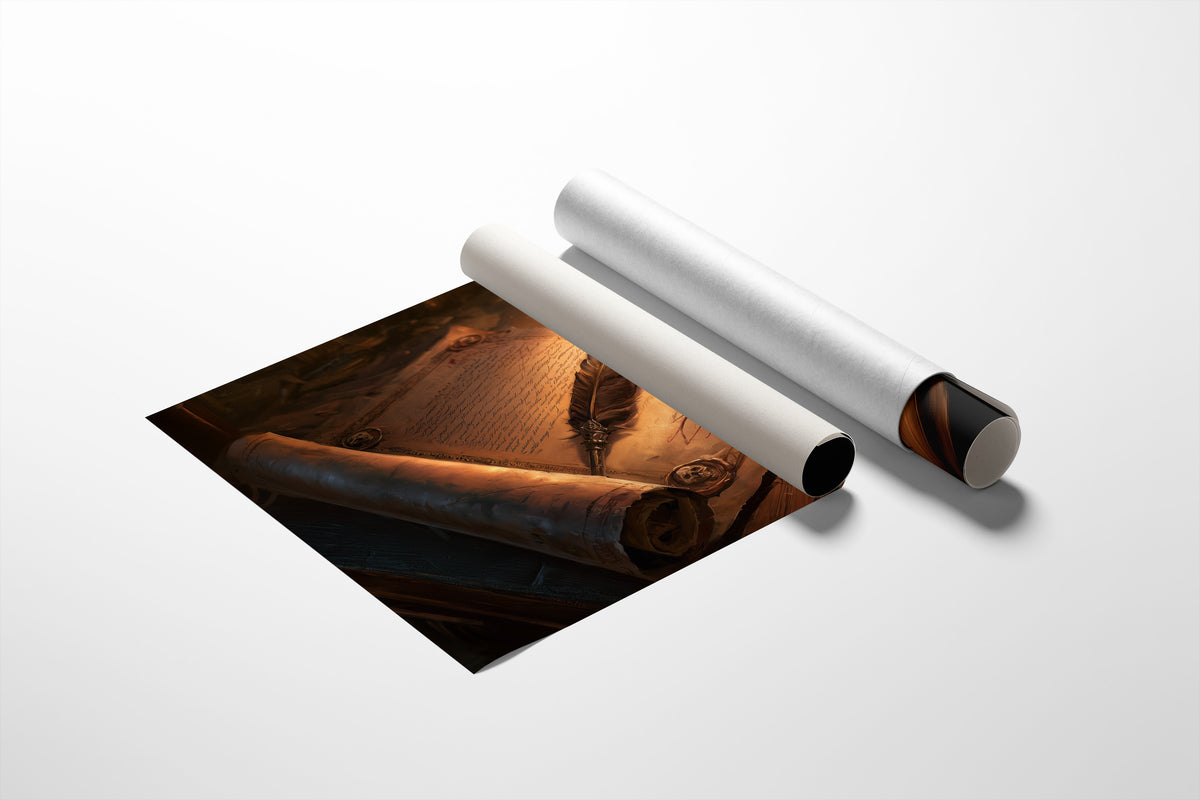 Letters Kept by Candlelight, an old parchment scroll and a feather quill beside a lit candle on a wooden desk, painted in amber, sepia and deep umber, as a matte poster, unframed