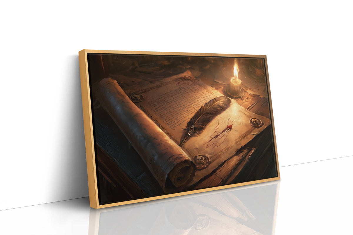 Letters Kept by Candlelight, an old parchment scroll and a feather quill beside a lit candle on a wooden desk, painted in amber, sepia and deep umber, as a framed canvas in a natural wood frame