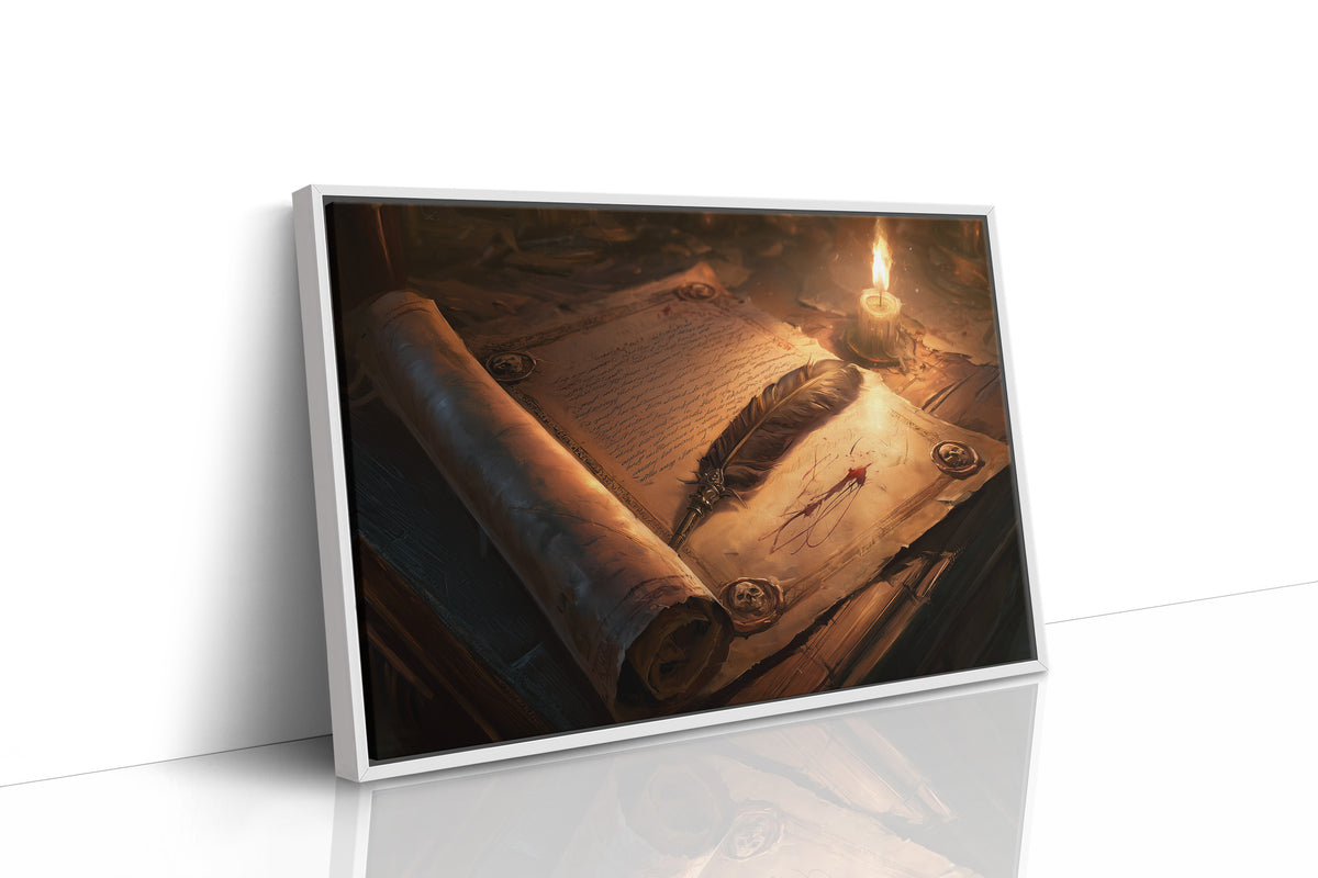 Letters Kept by Candlelight, an old parchment scroll and a feather quill beside a lit candle on a wooden desk, painted in amber, sepia and deep umber, as a framed canvas in a white frame