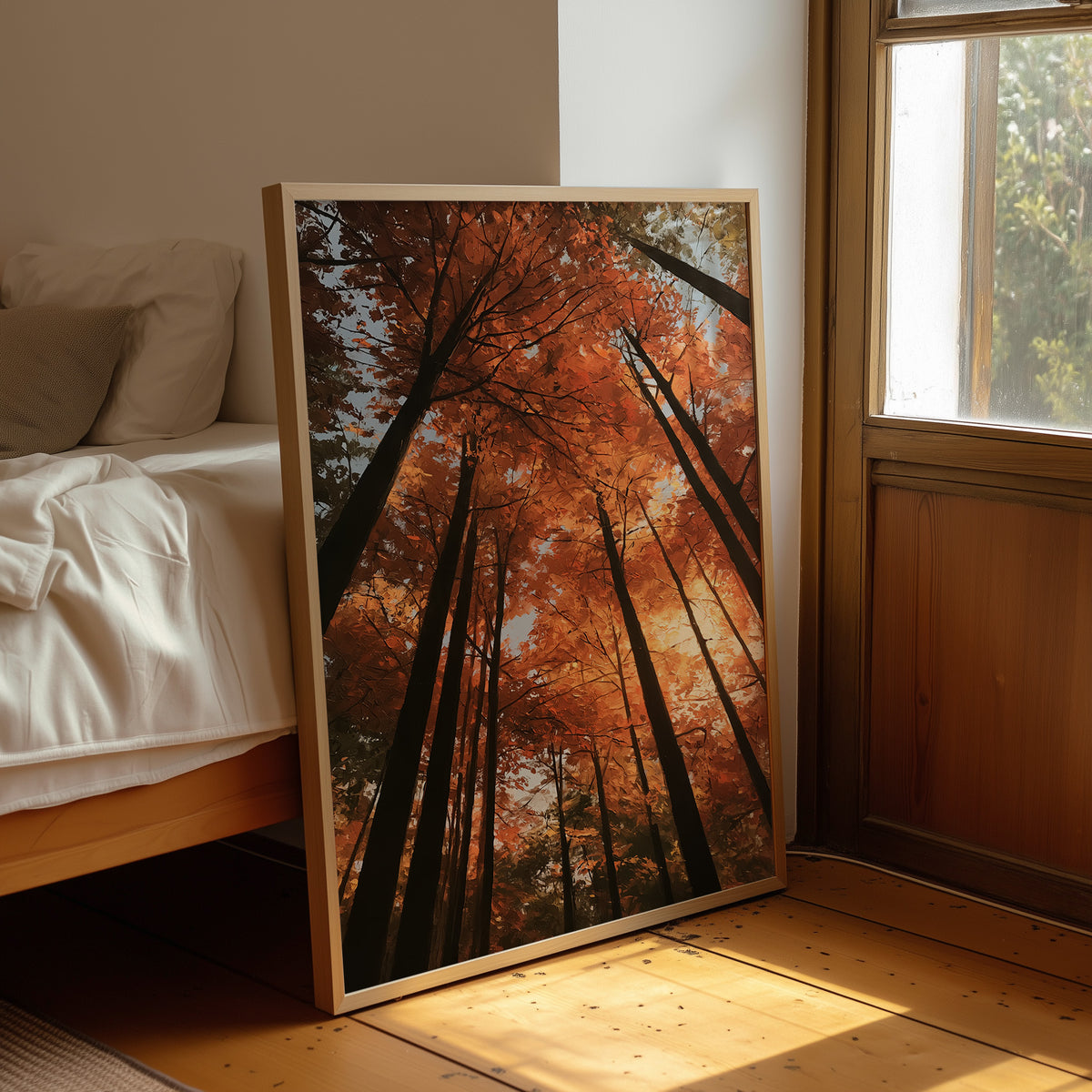 Look Up Into the Burning Wood, looking straight up through a canopy of tall dark trunks and orange autumn foliage, the pale sky glowing behind them, painted in rust, burnt orange and charcoal, leaning on a wood floor in a bedroom beside white linen bedding