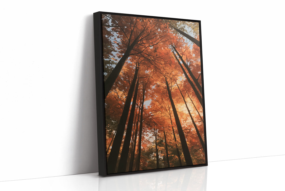 Look Up Into the Burning Wood, looking straight up through a canopy of tall dark trunks and orange autumn foliage, the pale sky glowing behind them, painted in rust, burnt orange and charcoal, as a framed canvas in a black frame