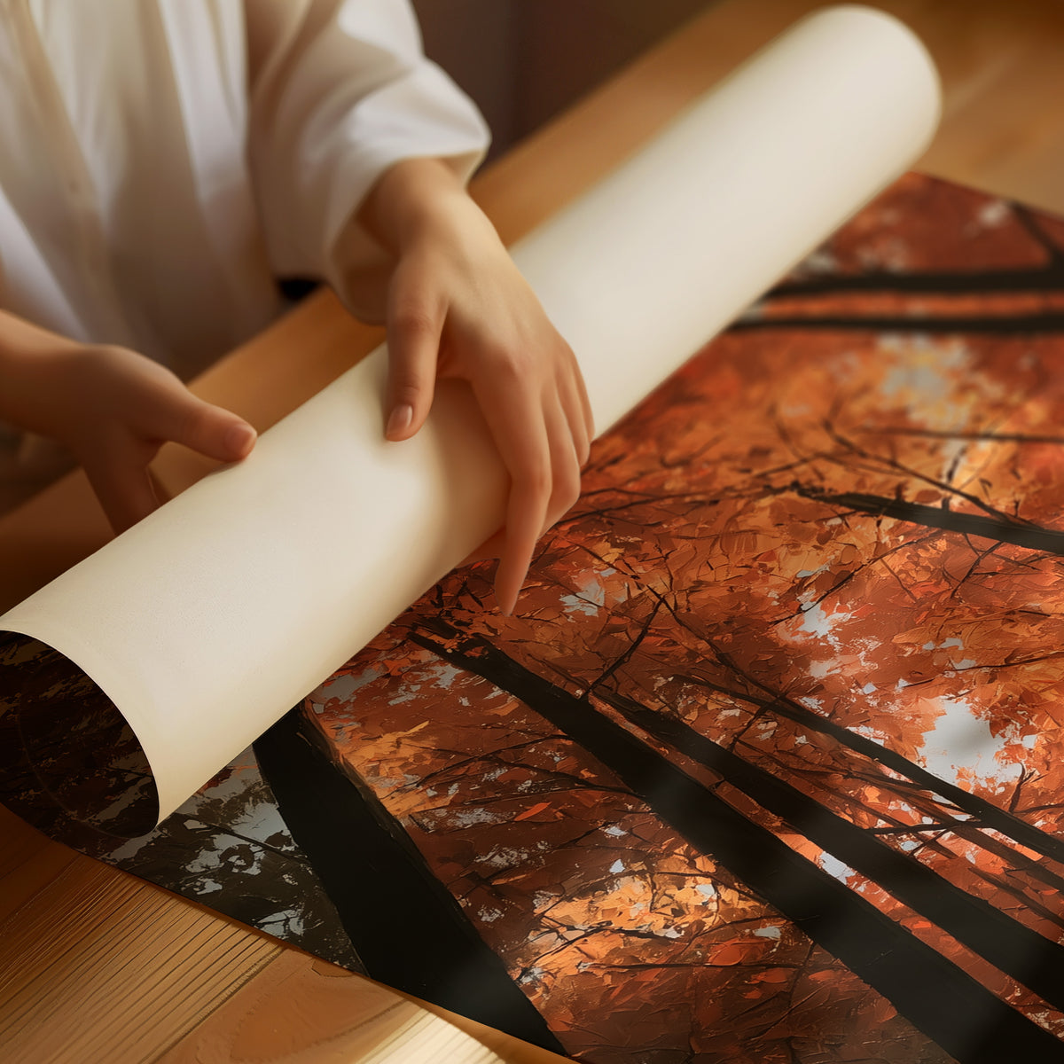 Look Up Into the Burning Wood, looking straight up through a canopy of tall dark trunks and orange autumn foliage, the pale sky glowing behind them, painted in rust, burnt orange and charcoal, as a matte poster, unframed