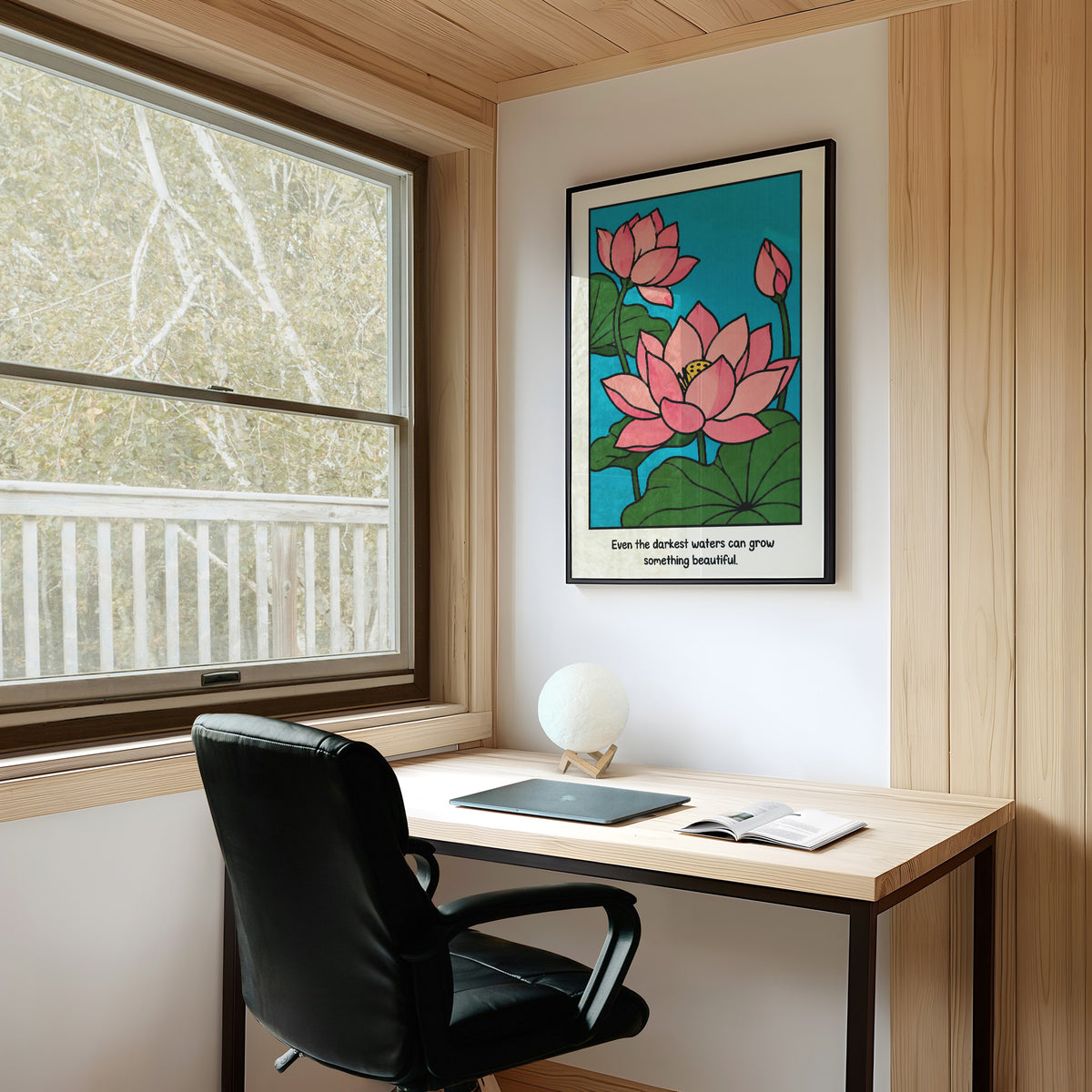 Lotus Rising From Dark Water, a pink lotus flower with a bud and large green leaves on a bright teal pond, with the quote Even the darkest waters can grow something beautiful in small black lettering along the bottom, on a study wall above a writing desk and a black desk chair