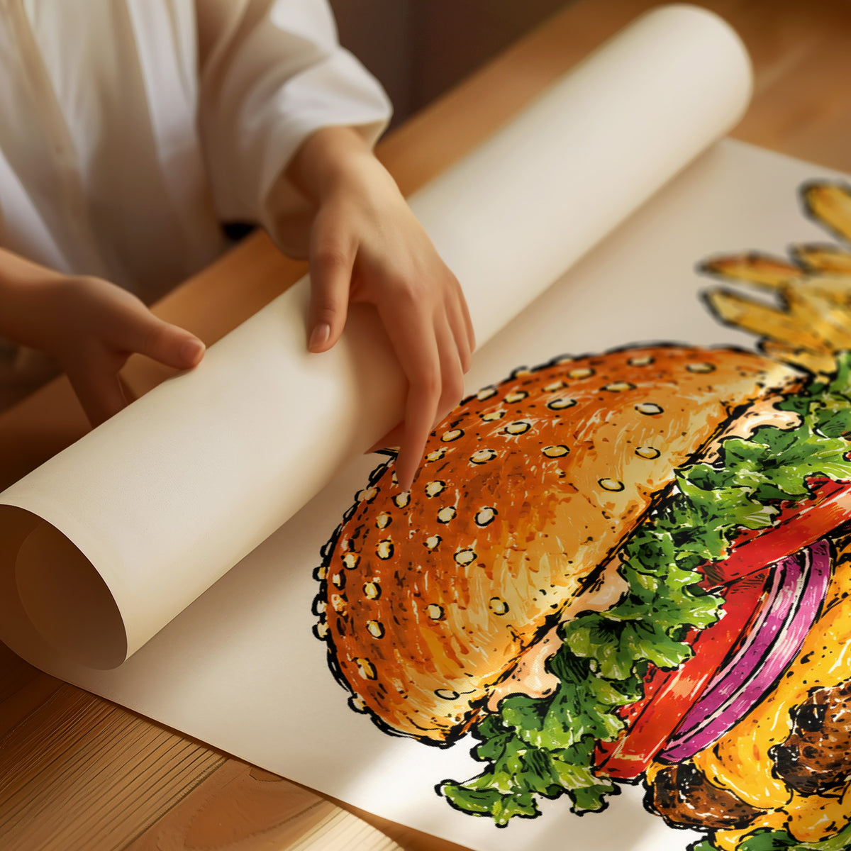 Mmmm Cheeseburger Makes Everything Better, a stacked cheeseburger with lettuce, tomato, cheese and a sesame bun beside fries and ketchup cups on a red and white checkered plate, with the lettering Mmmmm cheeseburger in black script across the top, as a matte poster, unframed