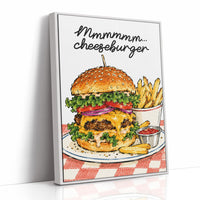 Mmmm Cheeseburger Makes Everything Better, a stacked cheeseburger with lettuce, tomato, cheese and a sesame bun beside fries and ketchup cups on a red and white checkered plate, with the lettering Mmmmm cheeseburger in black script across the top, as a framed canvas in a white frame