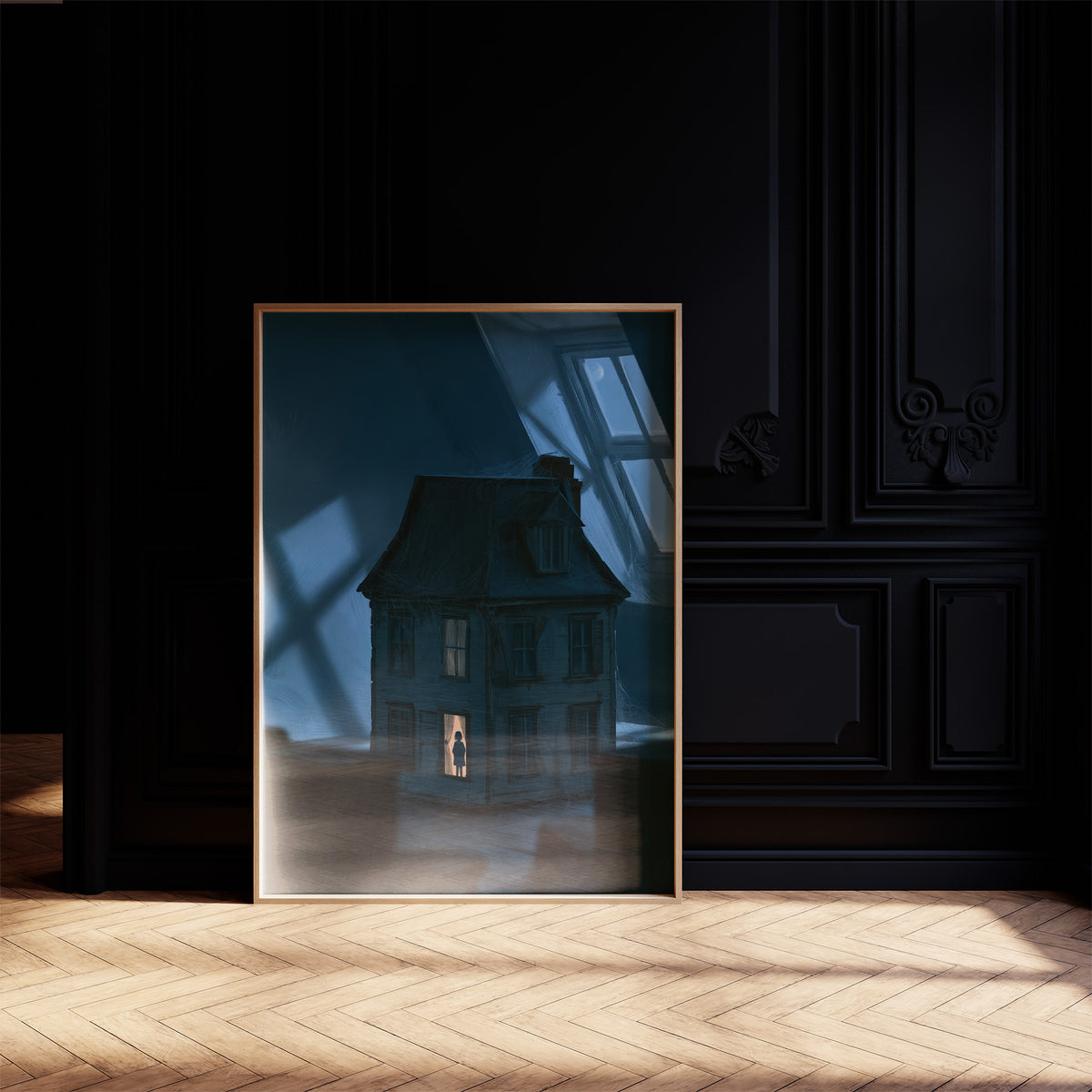 Moonlit Windows of the Old Manor, a Victorian house with lit windows under a blue moonlit night, painted in midnight blue, slate and a single warm window glow, on a black paneled wall with sunlit herringbone floor