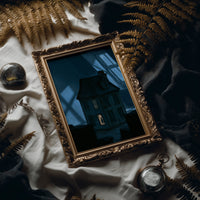 Moonlit Windows of the Old Manor, a Victorian house with lit windows under a blue moonlit night, painted in midnight blue, slate and a single warm window glow, in an antique gold frame laid on white linen with ferns and a pocket watch