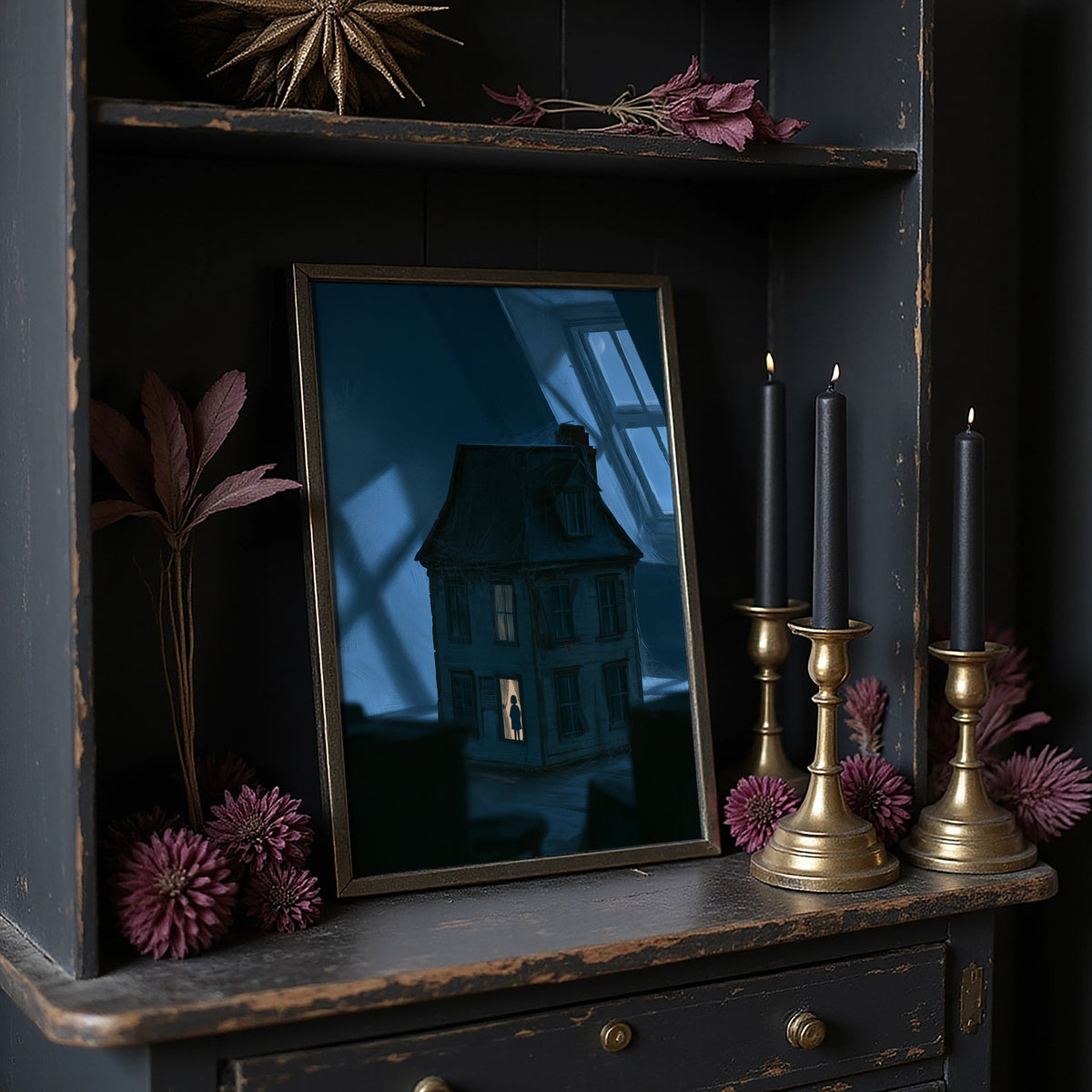 Moonlit Windows of the Old Manor, a Victorian house with lit windows under a blue moonlit night, painted in midnight blue, slate and a single warm window glow, on a dark wooden cabinet shelf with candles and dried flowers
