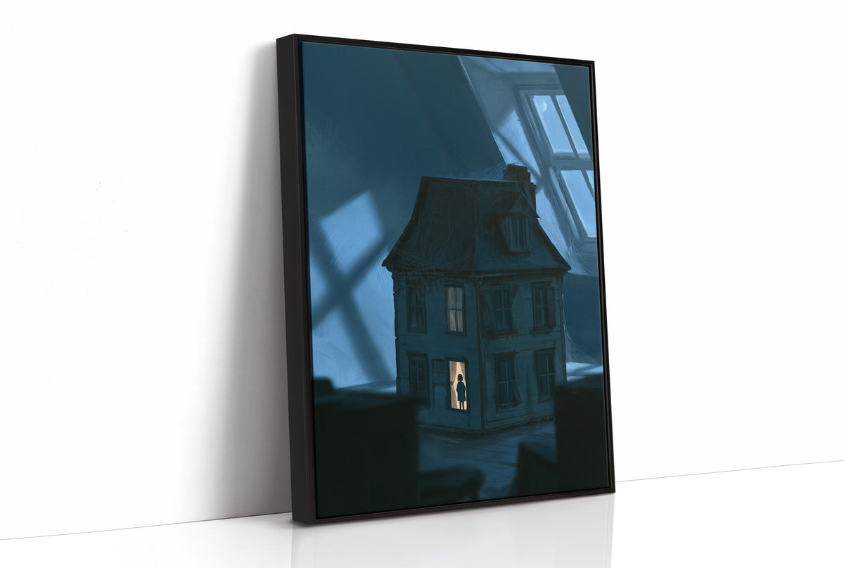 Moonlit Windows of the Old Manor, a Victorian house with lit windows under a blue moonlit night, painted in midnight blue, slate and a single warm window glow, as a framed canvas in a black frame