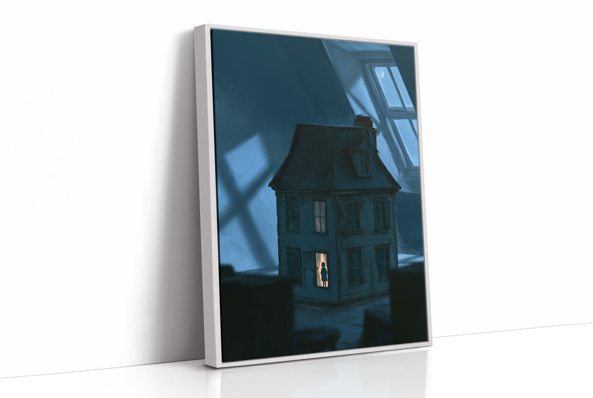 Moonlit Windows of the Old Manor, a Victorian house with lit windows under a blue moonlit night, painted in midnight blue, slate and a single warm window glow, as a framed canvas in a white frame