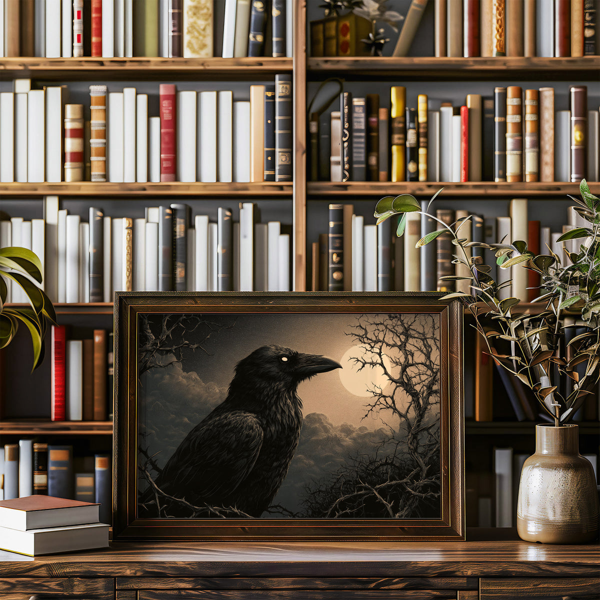 Moonrise Over the Bare Branches, a black raven perched on dark limbs beneath a pale moon in a low sepia fog, painted in charcoal, umber and moonlit gold, in a wood frame on a bookshelf wall beside a vase of olive branches