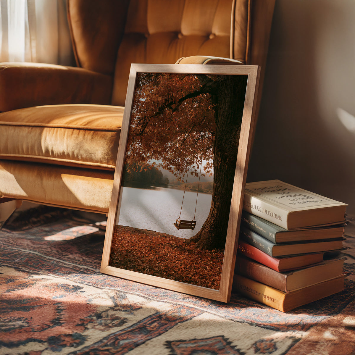 Nobody Has Swung Since Morning, a lone wooden swing hanging from a great tree with orange leaves above a still lake, painted in burnt orange, rust and misty gray, in a wood frame on a rug beside a leather armchair and a stack of books
