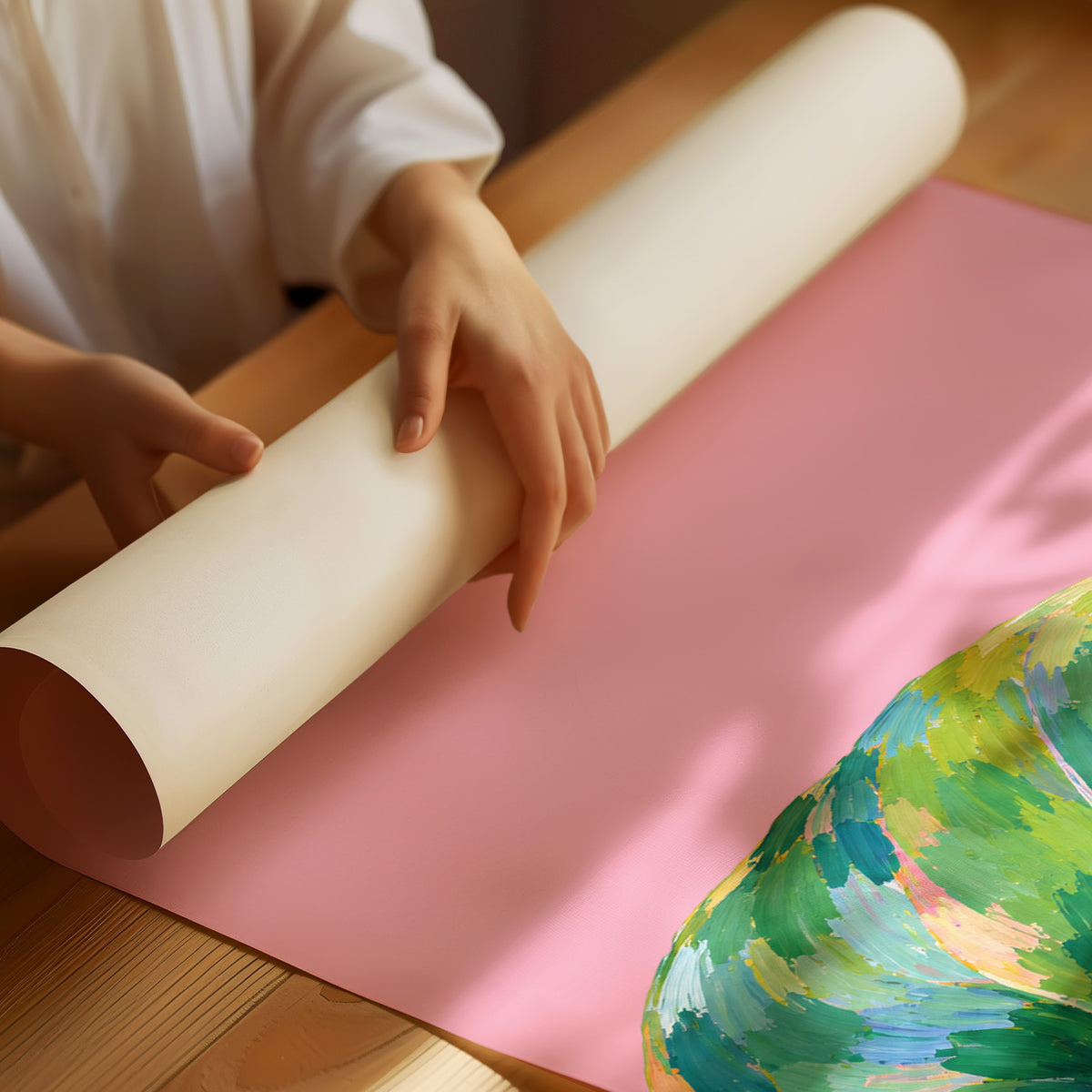 Nothing Here Is Rushed, a green leaf curling across the lower half of a blush pink ground with a small snail resting on its curve, with a pale line of lettering above, in a loose watercolor style painted in blush pink, green and soft gold, as a matte poster, unframed