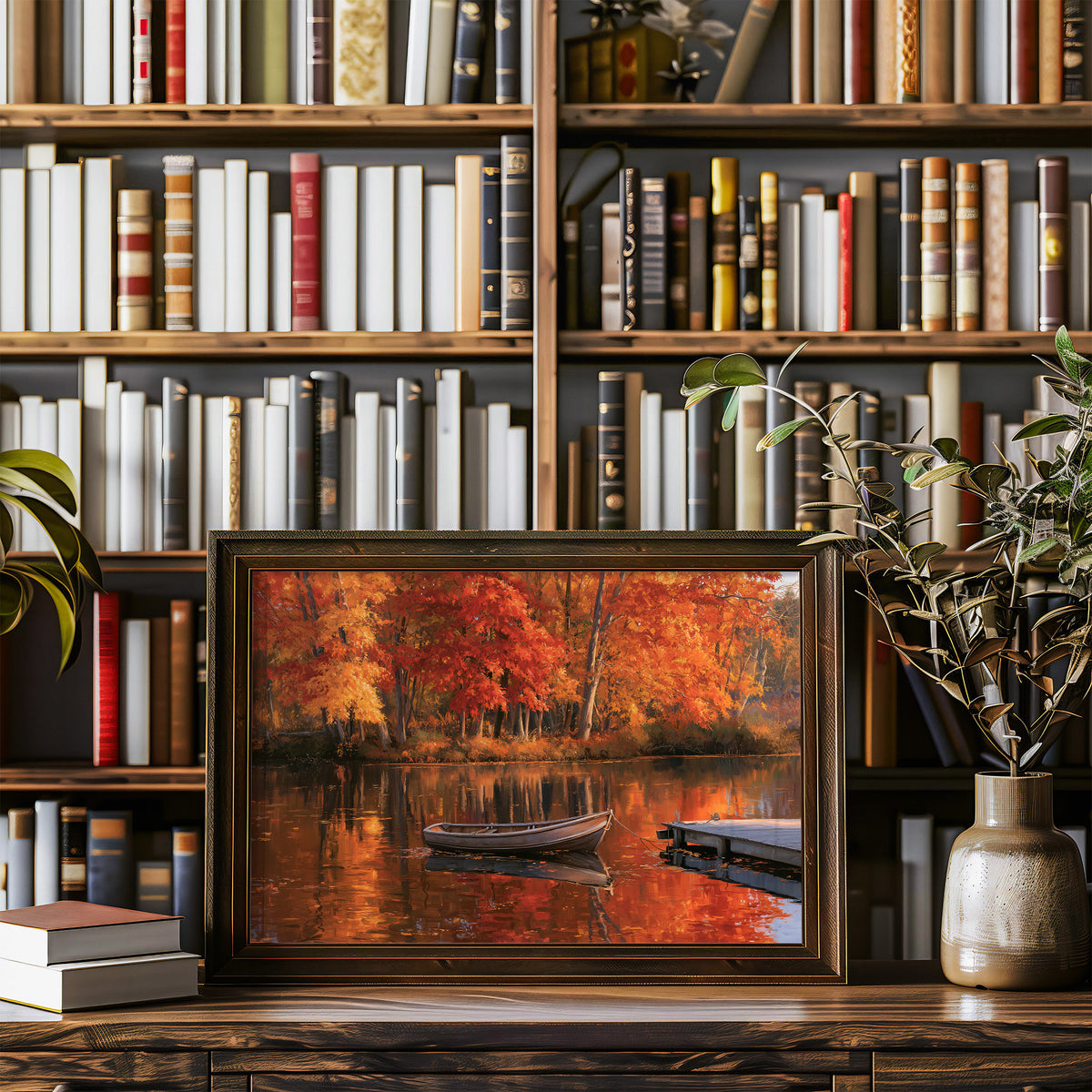 One Quiet Row Before Winter, autumn lake with red maples and a rowboat painting, in a wood frame on a bookshelf wall beside a vase of olive branches