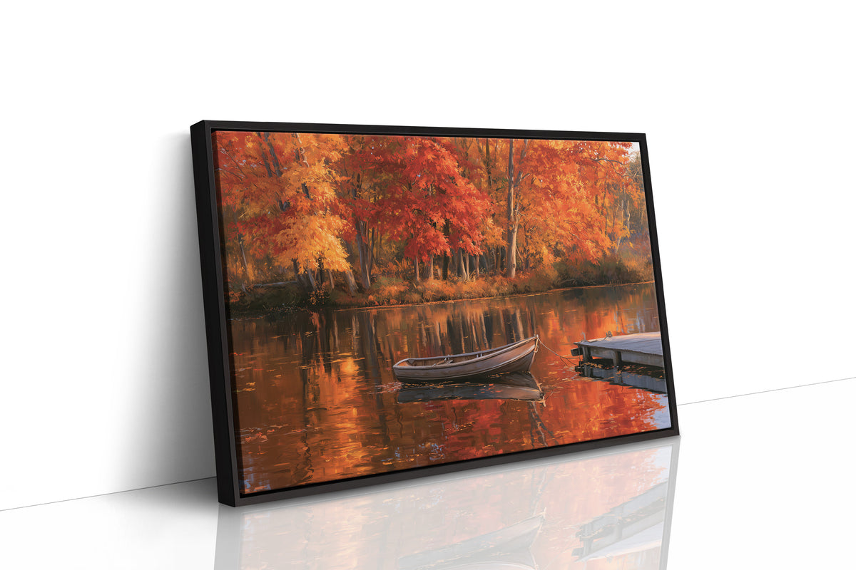 One Quiet Row Before Winter, autumn lake with red maples and a rowboat painting, as a framed canvas in a black frame