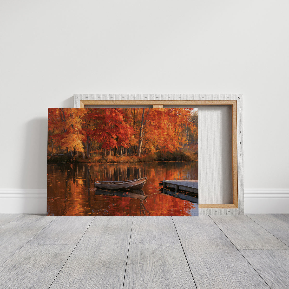 One Quiet Row Before Winter, autumn lake with red maples and a rowboat painting, on a gallery canvas with wrapped edges leaning against a white wall
