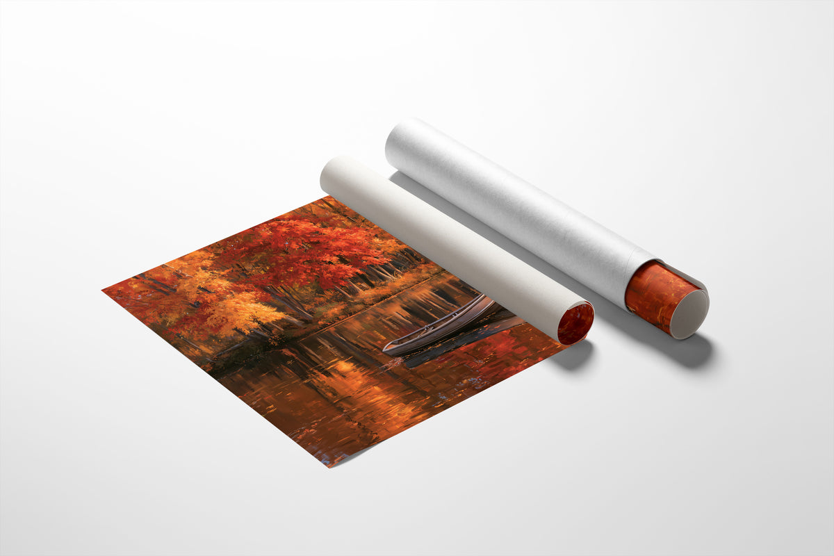 One Quiet Row Before Winter, autumn lake with red maples and a rowboat painting, as a matte poster, unframed