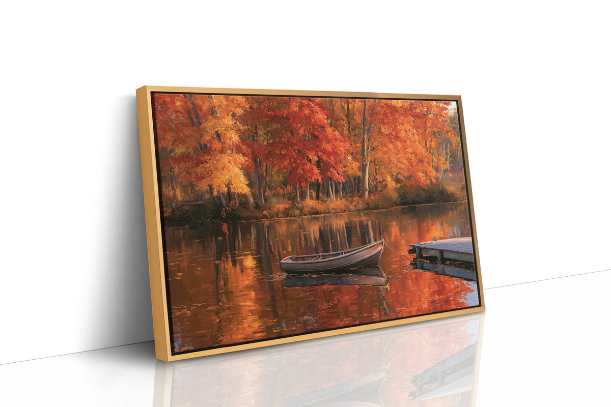 One Quiet Row Before Winter, autumn lake with red maples and a rowboat painting, as a framed canvas in a natural wood frame