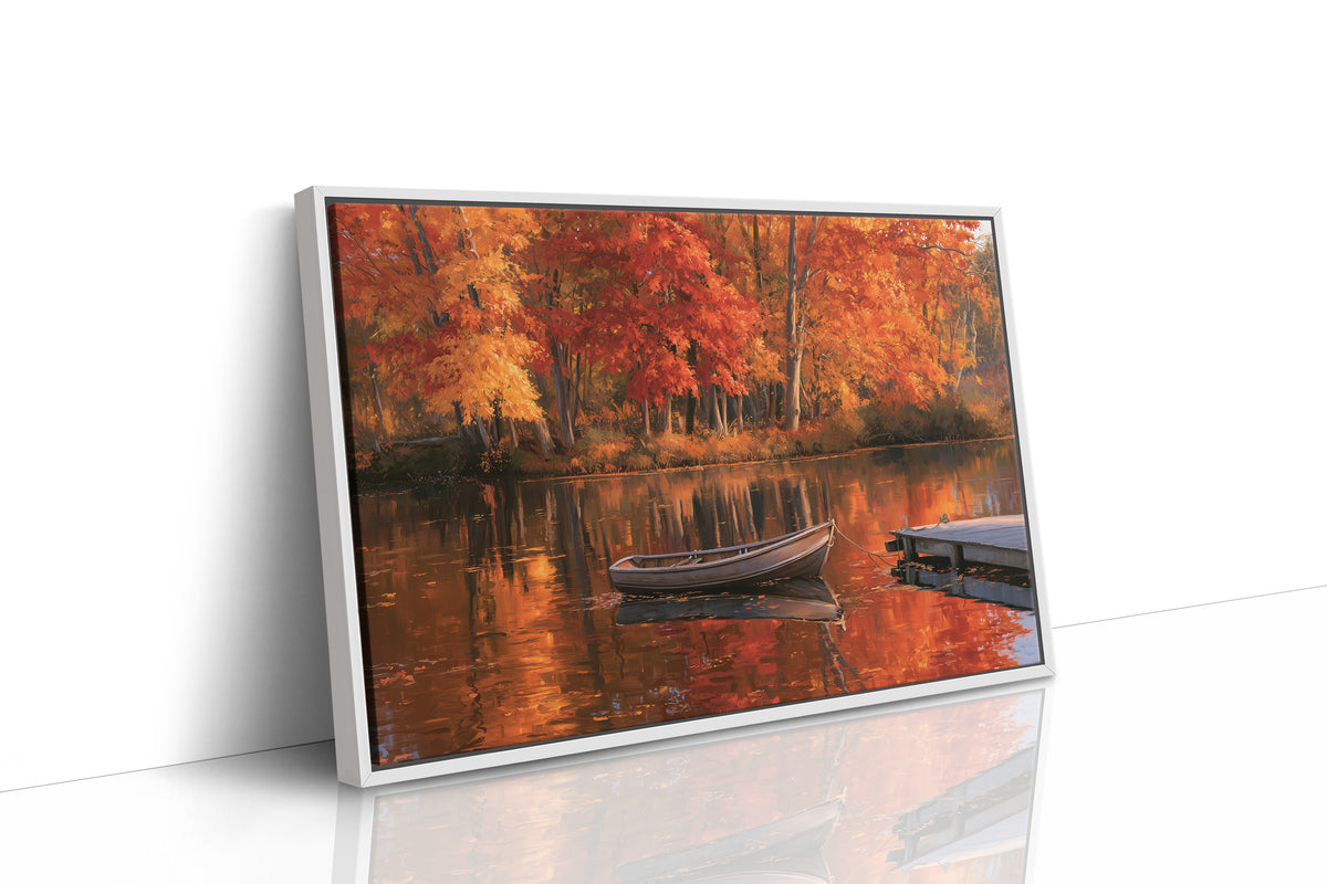 One Quiet Row Before Winter, autumn lake with red maples and a rowboat painting, as a framed canvas in a white frame