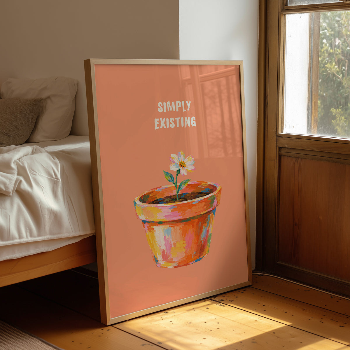 One Small Bloom in Clay, a single white flower rising from a painted clay pot in coral, gold and pink brushstrokes, on a peach ground with two lines of bold pale lettering above, in a loose painterly style, leaning on a wood floor in a bedroom beside white linen bedding