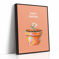 One Small Bloom in Clay, a single white flower rising from a painted clay pot in coral, gold and pink brushstrokes, on a peach ground with two lines of bold pale lettering above, in a loose painterly style, as a framed canvas in a black frame