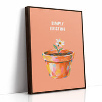 One Small Bloom in Clay, a single white flower rising from a painted clay pot in coral, gold and pink brushstrokes, on a peach ground with two lines of bold pale lettering above, in a loose painterly style, as a framed canvas in a brown frame