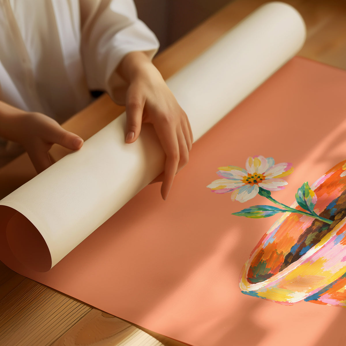 One Small Bloom in Clay, a single white flower rising from a painted clay pot in coral, gold and pink brushstrokes, on a peach ground with two lines of bold pale lettering above, in a loose painterly style, as a matte poster, unframed